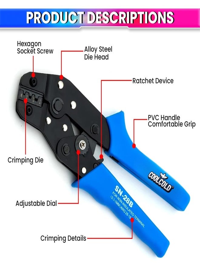 COOLCOLD SN-28B Crimping Tool for Non-Insulated Terminals (AWG 28-18 | 0.1-1mm²) - Heavy Duty Ratchet Crimper with Ergonomic Grip for Electrical & DIY Use - Image 3